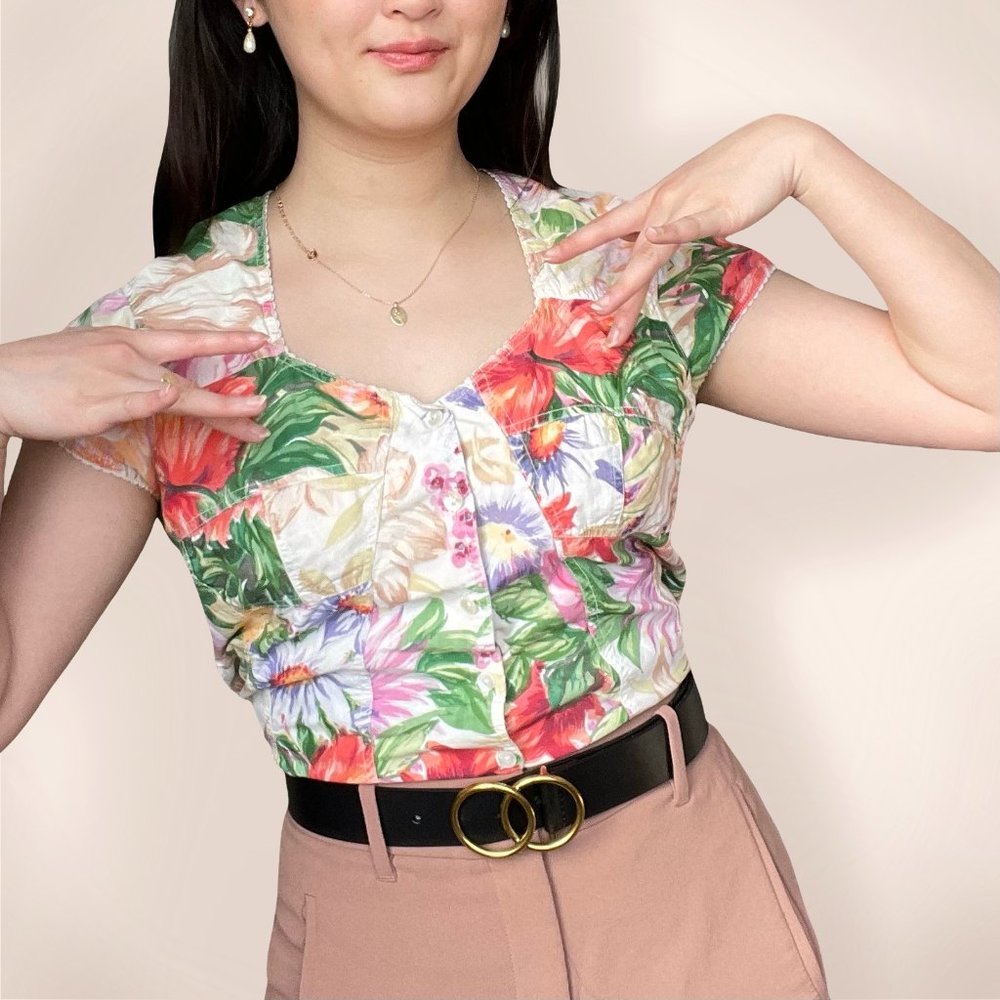 vtg sweetheart neck floral blouse, corset tie back